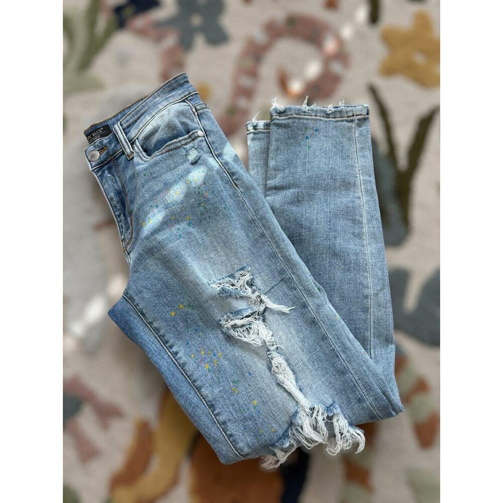 Judy Blue Mid-Rise Distressed Ripped Denim Boyfriend Jeans Blue Women's 3/26